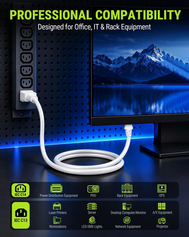 Alt view image 6 of 7 - UL Listed IEC C14 to IEC C13 Power Cord, 14AWG 15A 250V, 12FT, White | Heavy-Duty Extension Cable Replacement for Server, UPS, PDU, Computer, Monitor, Network Equipment, Server Racks