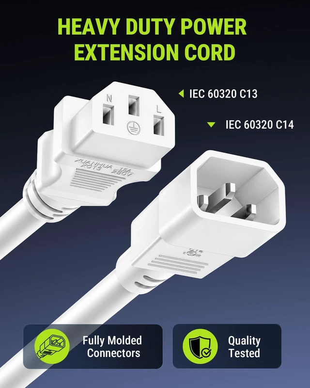 Alt view image 2 of 7 - UL Listed IEC C14 to IEC C13 Power Cord, 14AWG 15A 250V, 12FT, White | Heavy-Duty Extension Cable Replacement for Server, UPS, PDU, Computer, Monitor, Network Equipment, Server Racks