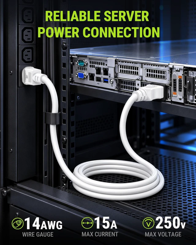 Alt view image 3 of 7 - UL Listed IEC C14 to IEC C13 Power Cord, 14AWG 15A 250V, 12FT, White | Heavy-Duty Extension Cable Replacement for Server, UPS, PDU, Computer, Monitor, Network Equipment, Server Racks