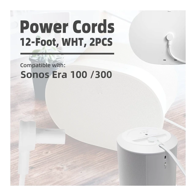 Alt view image 2 of 6 - (2-Pack) Long Power Cords Compatible with Sonos Era 100 and Era 300 Speakers, Extended Reach, Enhanced Flexibility, and Durability, Secure Connection (12-Foot) (White)