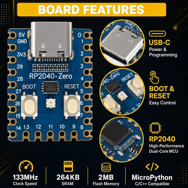 Alt view image 5 of 7 - 6-Pack RP2040-Zero Board, Dual-Core Cortex M0+, Pico | 264KB SRAM, 2MB Flash, for custom peripheral design and IoT DIY development projects