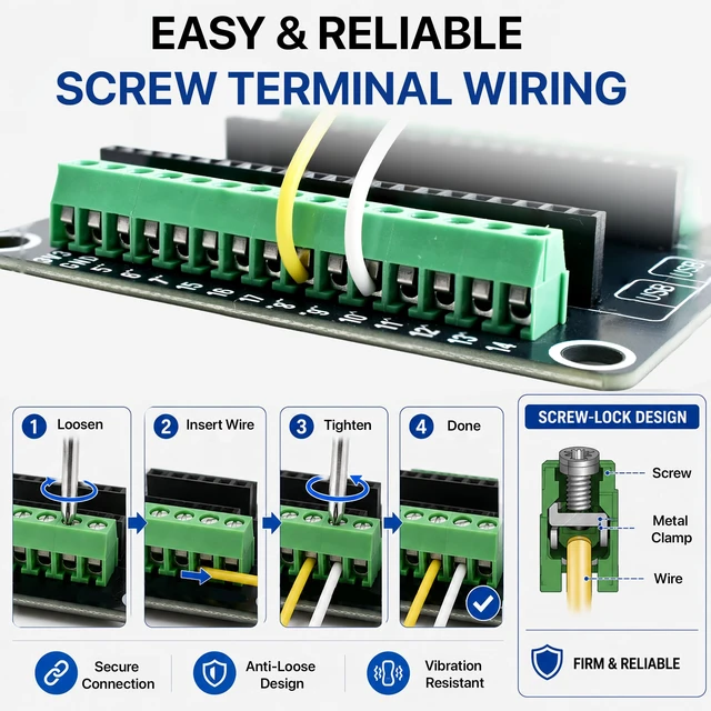 Alt view image 3 of 7 - ESP32-S3 N16R8 Dev Board + Screw Terminal Base, FPC Port | for solderless field and industrial wiring, with 16MB Flash, 8MB PSRAM, 240MHz dual-core and dual USB-C, for C++