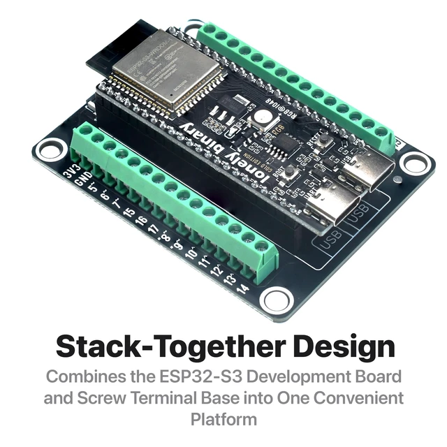 Alt view image 6 of 7 - ESP32-S3 N16R8 Dev Board + Screw Terminal Base, FPC Port | for solderless field and industrial wiring, with 16MB Flash, 8MB PSRAM, 240MHz dual-core and dual USB-C, for C++