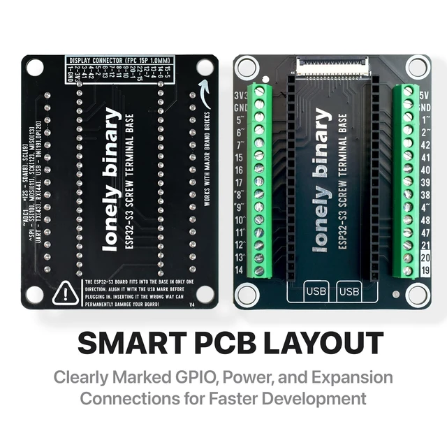 Alt view image 7 of 7 - ESP32-S3 N16R8 Dev Board + Screw Terminal Base, FPC Port | for solderless field and industrial wiring, with 16MB Flash, 8MB PSRAM, 240MHz dual-core and dual USB-C, for C++