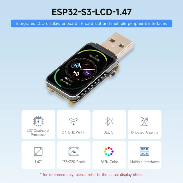 Alt view image 3 of 6 - ESP32-S3 1.47inch Display Development Board, Dual-core Processor Up to 240MHz Frequency, 172×320, 262K Color, Supports WiFi & BLE 5, with Colorful RGB LED, ESP32 with Display