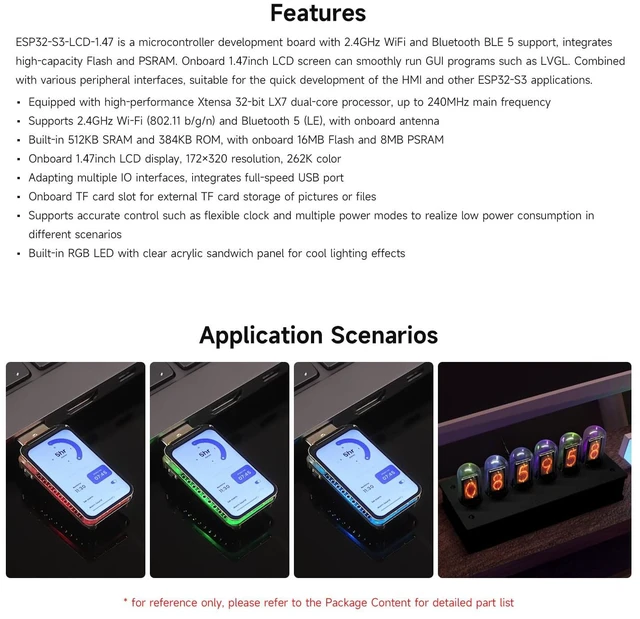 Alt view image 4 of 6 - ESP32-S3 1.47inch Display Development Board, Dual-core Processor Up to 240MHz Frequency, 172×320, 262K Color, Supports WiFi & BLE 5, with Colorful RGB LED, ESP32 with Display
