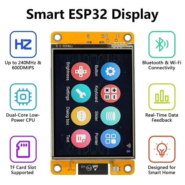 Alt view image 2 of 7 - 2 Pack ESP32 CYD Cheap Yellow Display, 2.8" Touch Screen Display ESP32-2432S028R, 240×320 TFT LCD, WiFi Bluetooth Dual-Core 240MHz Development Board Compatible with Arduino IDE for IoT DIY