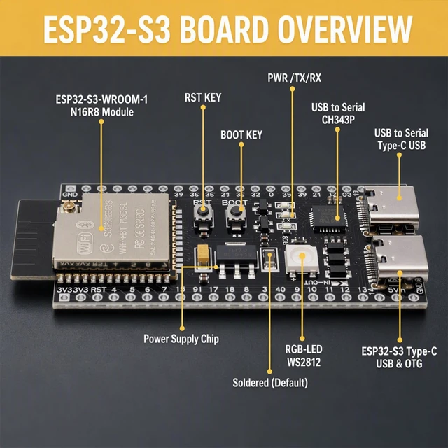 Alt view image 3 of 7 - 6-Pack ESP32-S3 DevKit Board, N16R8, 44-Pin, WiFi BT | ESP32-S3-WROOM-1 module, 8MB PSRAM, dual-side I/O breakout, includes Type-C cable, for IoT projects