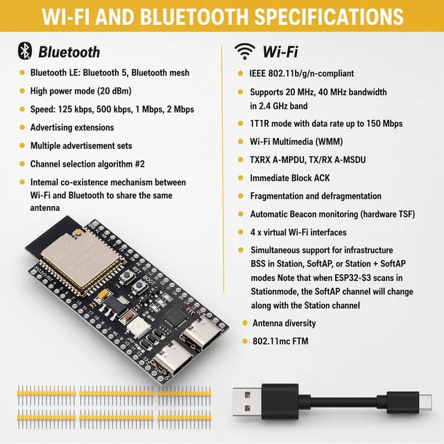 Alt view image 4 of 7 - 6-Pack ESP32-S3 DevKit Board, N16R8, 44-Pin, WiFi BT | ESP32-S3-WROOM-1 module, 8MB PSRAM, dual-side I/O breakout, includes Type-C cable, for IoT projects