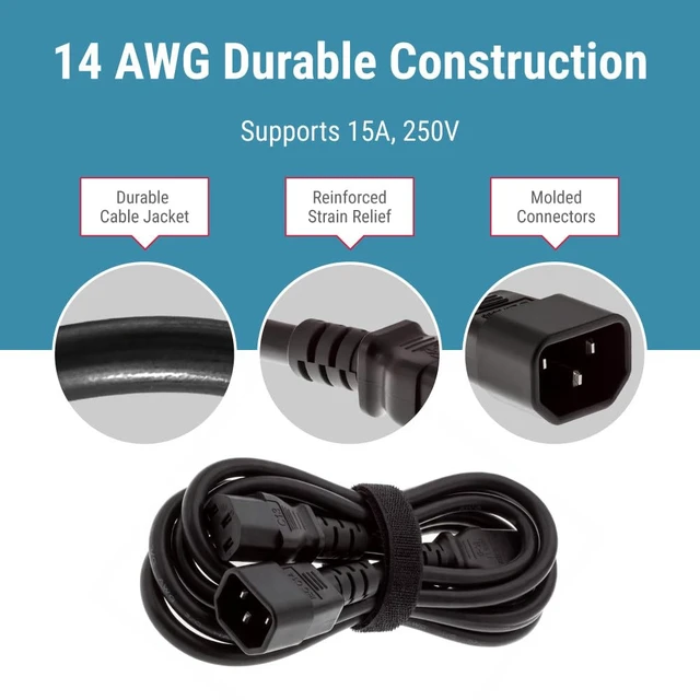 Alt view image 5 of 7 - 3 Prong Power Cord 8ft (2.4m), C13 to C14, 14 AWG | Heavy-Duty 15A/250V IEC 60320 C13 to IEC 60320 C14 Power Cable for Network Equipment and Data Center Applications, Black