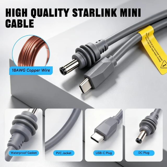 Alt view image 2 of 7 - Starlink Mini Cable,18 AWG 16.4FT Waterproof USB C to DC Power Cable | Weather Resistant, Secure Fit, Compatible with 100W+ Power Bank & PD Source, Suitable for Outdoor Camping Exploration