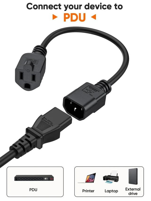 Alt view image 3 of 5 - 5-Pack 1FT 18 AWG Power Adapter Cord,NEMA 5-15R to IEC320 C14 | IEC 320 C14 to NEMA 5-15R,Computer Power Adapter Cord for PDU, UPS, PC, Monitor,0.3M,Black,SJT,UL,125V / 10A