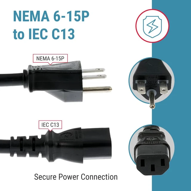 Alt view image 4 of 7 - Heavy Duty Power Cord 10ft, 14 AWG NEMA 6-15P to IEC C13 | 14 AWG, 15A/250V Replacement AC Cable for Bitmain, Antminer, Servers and Networking Equipment, Black