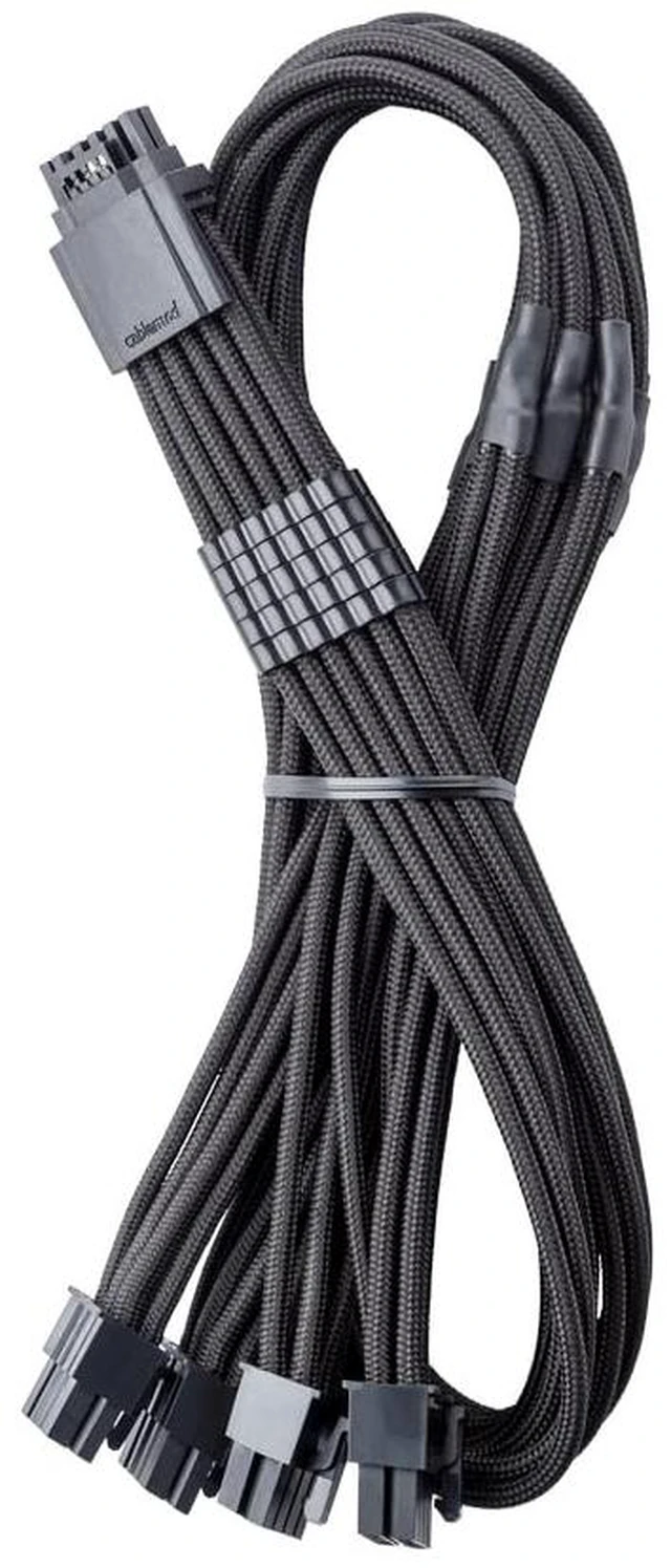 Main image of Pro ModFlex Sleeved 12V-2x6 PCIe Cable for EVGA (Black, 4 x 8p) | Paracord E-Series. 16-pin to Quad 8-pin, 60cm. 12V-2x6 StealthSense connector. Fits EVGA, Super Flower PSUs.
