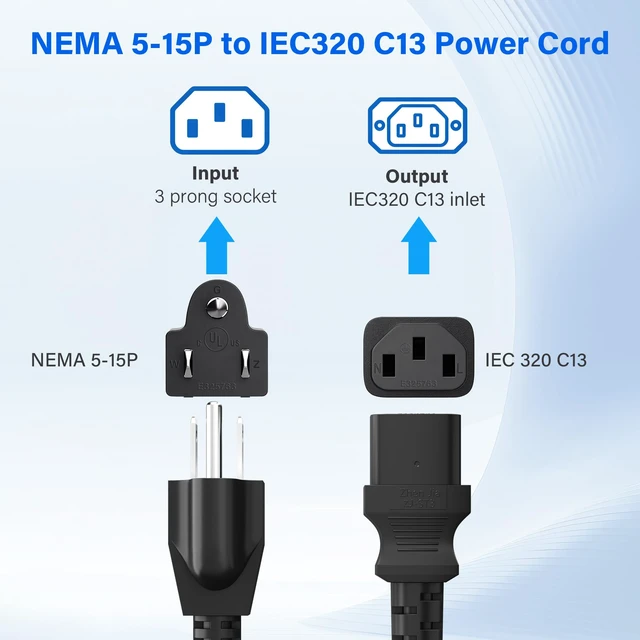 Alt view image 5 of 6 - 14 AWG Computer Power Cord 20 FT,15A 125V 5-15P to C13 AC Replacement Cable | 14/3 Guage Heavy-Duty SJT Shielded Universal 3 Prong Grounded PC Power Supply Cord for PC, Monitor Printer-Black UL Listed