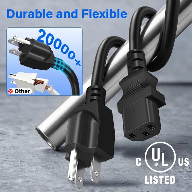 Alt view image 3 of 6 - 14 AWG Computer Power Cord 20 FT,15A 125V 5-15P to C13 AC Replacement Cable | 14/3 Guage Heavy-Duty SJT Shielded Universal 3 Prong Grounded PC Power Supply Cord for PC, Monitor Printer-Black UL Listed