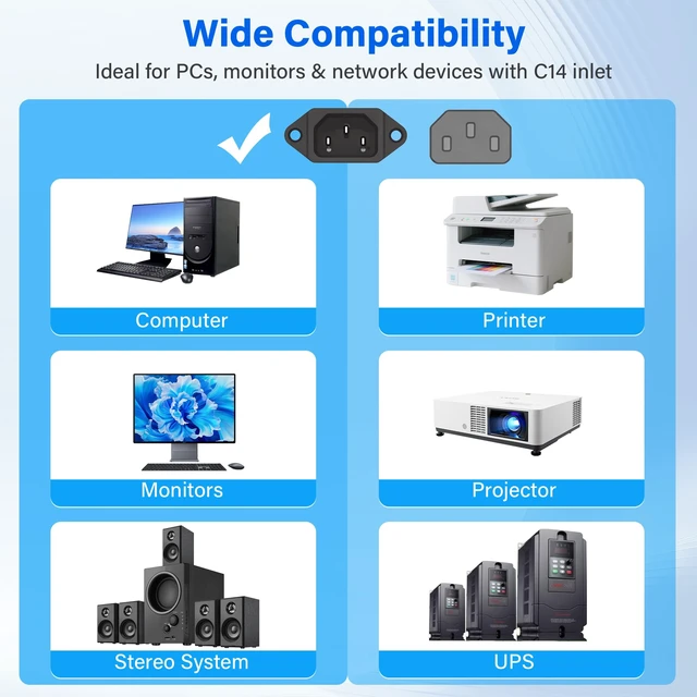 Alt view image 6 of 6 - 14 AWG Computer Power Cord 20 FT,15A 125V 5-15P to C13 AC Replacement Cable | 14/3 Guage Heavy-Duty SJT Shielded Universal 3 Prong Grounded PC Power Supply Cord for PC, Monitor Printer-Black UL Listed