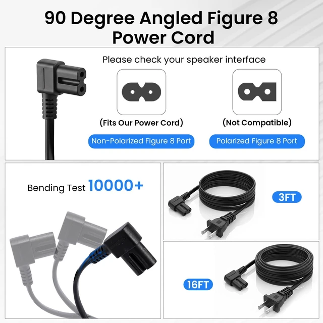 Alt view image 4 of 5 - 2 Pack Replacement 16FT AC Power Cord Compatible with Sonos One, One SL and Play 1 Speakers, 90-Degree 2-Prong Wall Plug Power Supply Cable (Black, Standard)