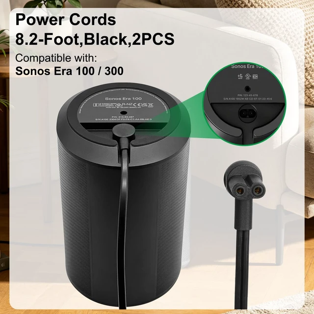 Alt view image 3 of 5 - 2-Pack 8.2Ft Power Cord Compatible with Sonos Era 100 and Era 300 Speakers Extra Long Power Cords Cable