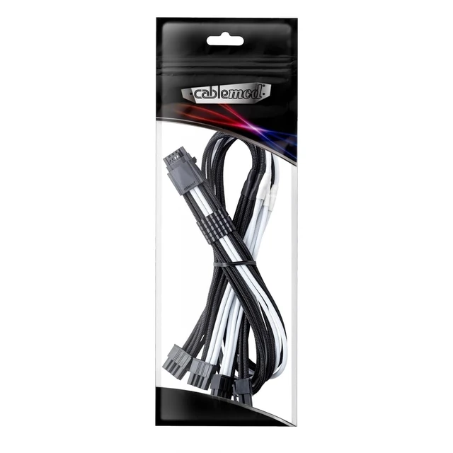 Alt view image 3 of 3 - Pro ModMesh Sleeved 12V-2x6 PCIe Cable for EVGA (Blk + Wht, 4x8p) | Nylon E-Series. 16-pin to Quad 8-pin, 60cm. 12V-2x6 StealthSense connector. Fits EVGA, Super Flower PSUs.