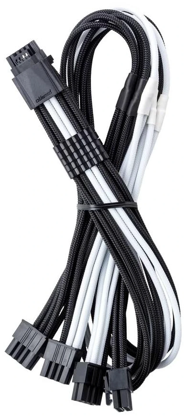 Main image of Pro ModMesh Sleeved 12V-2x6 PCIe Cable for EVGA (Blk + Wht, 4x8p) | Nylon E-Series. 16-pin to Quad 8-pin, 60cm. 12V-2x6 StealthSense connector. Fits EVGA, Super Flower PSUs.