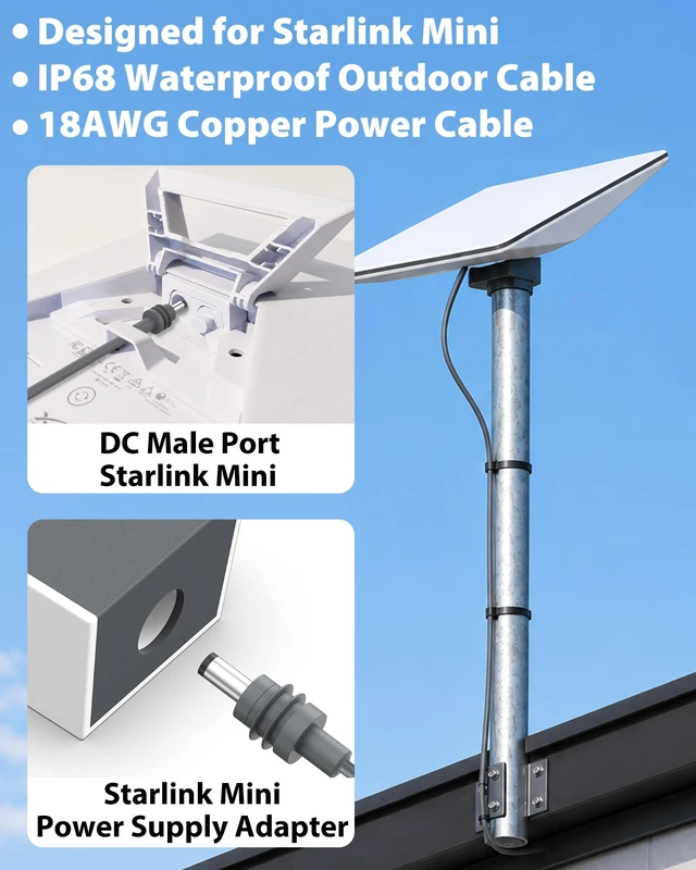 Alt view image 2 of 7 - Starlink Mini DC Power Cable 18AWG Waterproof IP68, 15ft | DC Cable Replacement for Starlink Mini, Durable Outdoor Power Cord