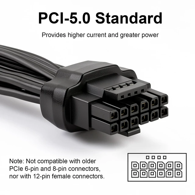 Alt view image 3 of 7 - 12VHPWR PCIe 5.0 12+4 16-pin Power Cable for RTX 4090/5090 & ATX 3.0/3.1 Power Supply, 16AWG 650W (40cm/15.75in)
