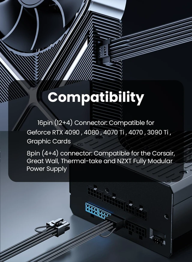 Alt view image 6 of 6 - 600W PCIe 5.1 12VHPWR GPU Power Cable 70cm | 16pin (12+4) Connector, 2x8pin (4+4) Male Plugs, For RTX 5070Ti 4070 4080 4090 Corsair/Great Wall/Thermal-take Modular PSU
