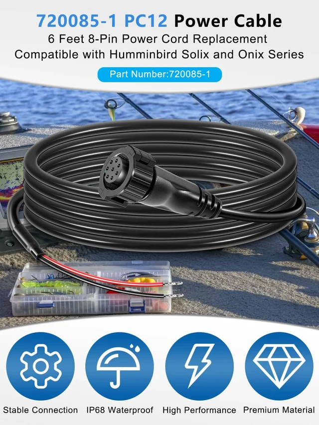 Alt view image 2 of 7 - 720085-1 Power Cable 6 Feet, PC12 Power Cord 8-Pin for Solix, Onix | Compatible with Humminbird Solix and Onix Series All Models