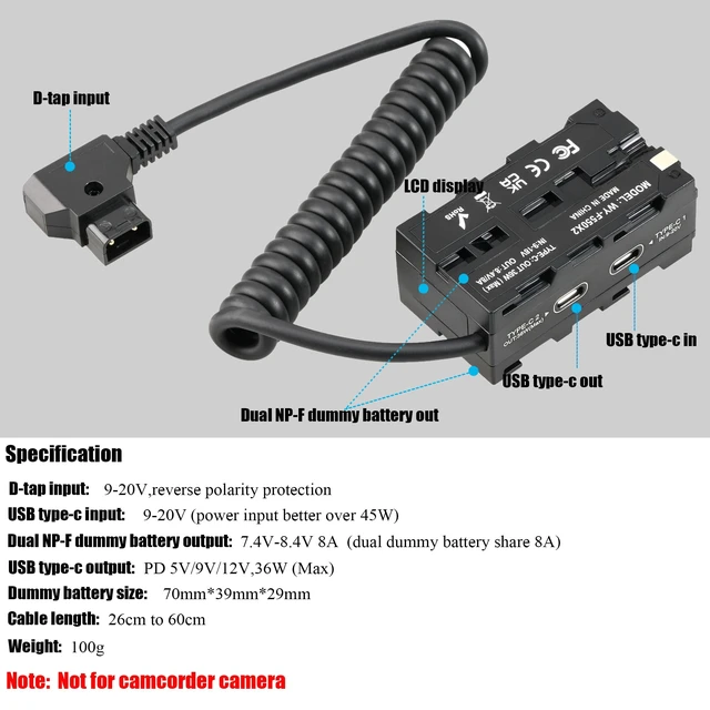 Alt view image 7 of 7 - Fotga Coiled D-tap Power Cable to Double-Side NP-F Dummy Battery of NP-F550 F750 960 NP-970 Battery for Synchronous Power Atomos Ninja Shinobi Monitor Video Transmitter LED Light,USB Type-C PD in Out