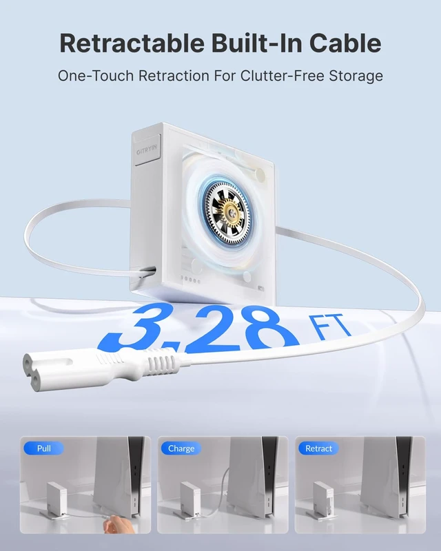 Alt view image 4 of 7 - Retractable 2 Prong AC C8 Power Cord with 39.37in Cable | One-Touch Retractable Charging Cable, Reversible Plug, IEC C7 Figure 8 for TV, PS5, PlayStation, Xbox, Printer, White