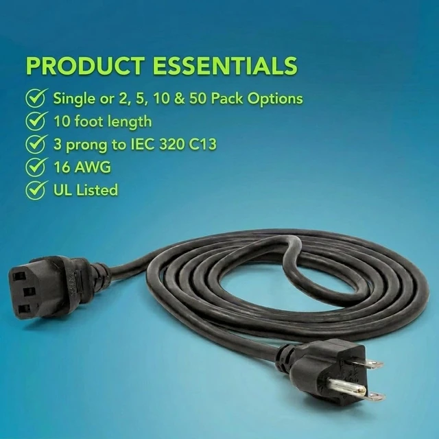 Alt view image 2 of 7 - 16AWG 10FT 2PK - 16/3 Longer Length C13 Power Cord for Universal Computer Monitors, Printers, Scanners, Projectors, Powered Speakers, Stage Amplifiers, and Home Office