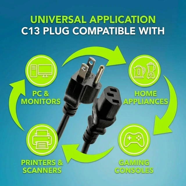 Alt view image 4 of 7 - 16AWG 10FT 2PK - 16/3 Longer Length C13 Power Cord for Universal Computer Monitors, Printers, Scanners, Projectors, Powered Speakers, Stage Amplifiers, and Home Office