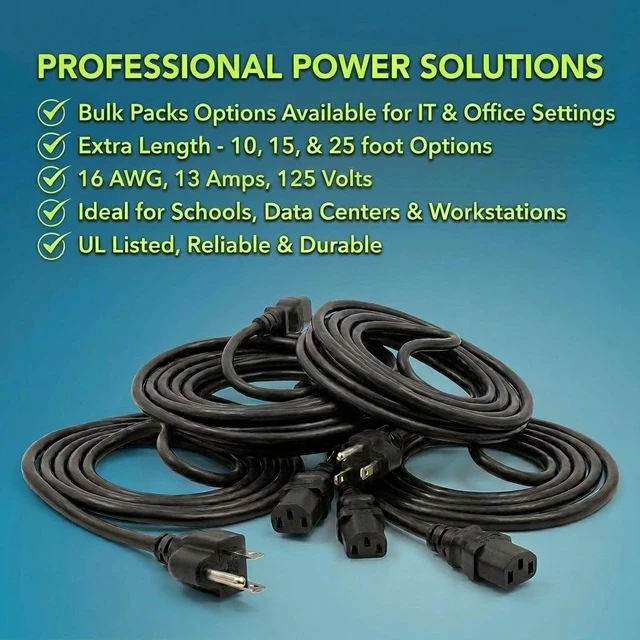 Alt view image 5 of 7 - 16AWG 10FT 2PK - 16/3 Longer Length C13 Power Cord for Universal Computer Monitors, Printers, Scanners, Projectors, Powered Speakers, Stage Amplifiers, and Home Office