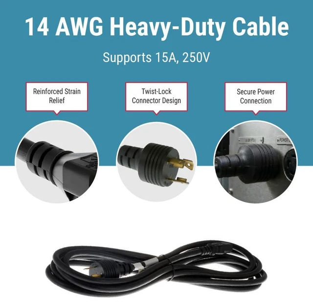 Alt view image 5 of 7 - L6-20P to C13 Locking Power Cord, 15 ft, 14 AWG, 15A/250V | Heavy Duty 14 AWG AC Power Cord, 15A/250V, with Black SJT Jacket and L6-20P to C13 Connectors