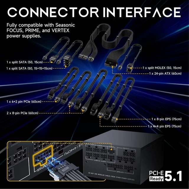 Alt view image 2 of 6 - PSU Cable Kit for Seasonic Power Supplies - 90-Degree Connectors, Individually Sleeved with Braiding & Combs, 16AWG Wire, 9-Piece Kit, Type-B PCIe GPU Connectors - Black