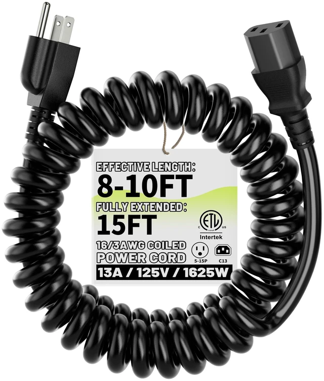Main image of Universal 15ft Power Coiled Cord, 3-Prong Pure Copper ETL, Black | 13A 125V,16AWG NEMA 5-15P to C13 Universal TV Power Spring Cable for Computer, PC, Desktop, Printer, Scanner ,radio Black(S)