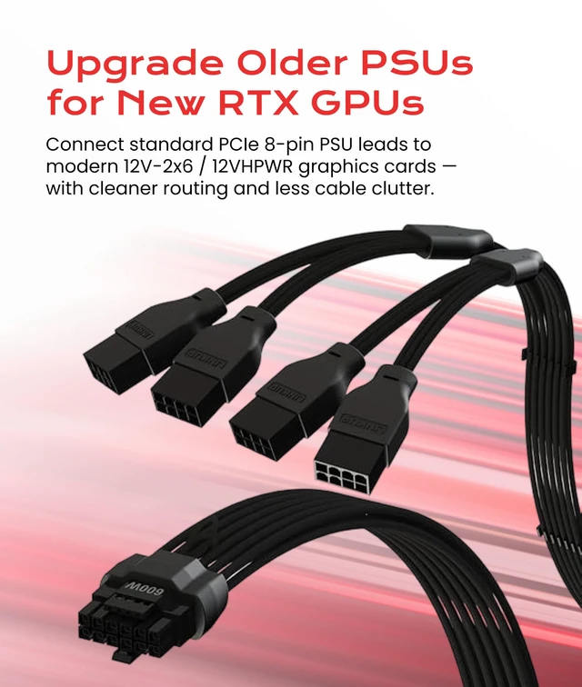 Alt view image 2 of 7 - 12VHPWR GPU Power Extension Cable | 45cm | PCIe 5.0 for RTX 5090, 5080, 5070, 12+4 to 4x8 Pin, 600W 16AWG