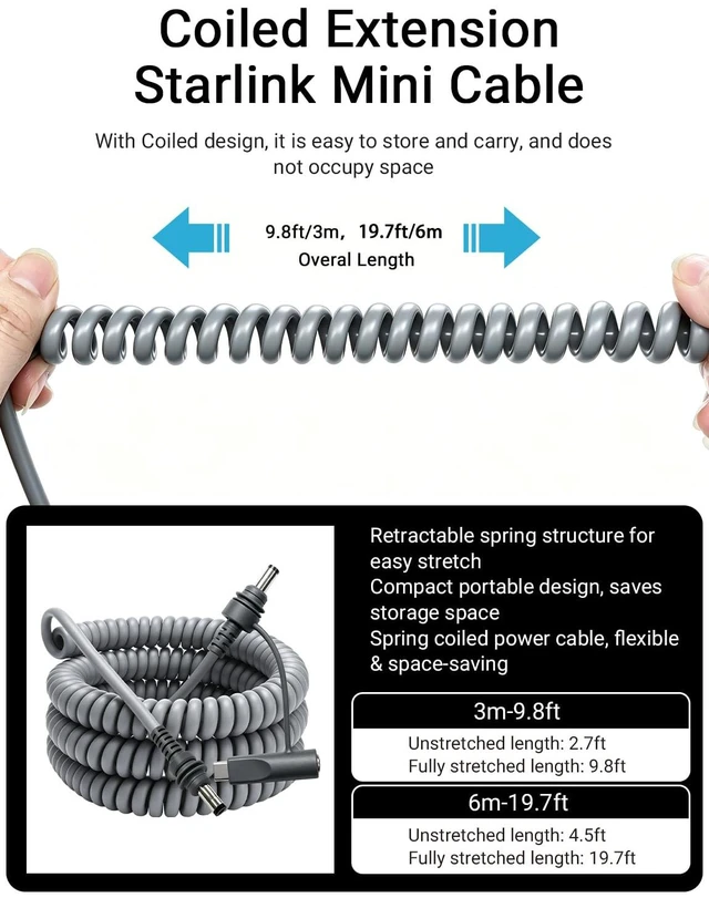 Alt view image 4 of 7 - Starlink Mini Power Cable 19.7ft, 2-in-1 Coiled Starlink Mini Cable | 18AWG Waterproof Replacement DC to DC Power Cable, Starlink Mini USB C Cable Input PD100W 20V/3.5A, Work with 100W+PD Source