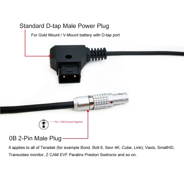 Alt view image 3 of 7 - Teradek SmallHD ARRI RED Flexible Power Cable, D-tap to 0B 2-Pin Male Plug Form Gold Mount V-Mount Dtap to Transvideo Monitor