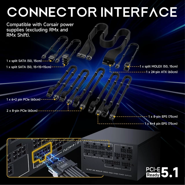 Alt view image 2 of 6 - X-Enlazar PSU Cable Kit for Corsair Power Supplies (Non-RMX) - 90-Degree Connectors, Individually Sleeved with Braiding & Combs, 16AWG Wire, 9-Piece Kit, Type-B PCIe GPU Connectors - Black
