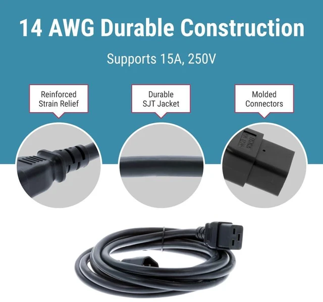Alt view image 5 of 7 - C14 to C19 Power Cord 10ft, 14 AWG, 15A/250V, Black | Heavy Duty Server Power Cable, IEC 60320 C14 Male to C19 Female, 14 AWG, 15A/250V, 10ft, Black