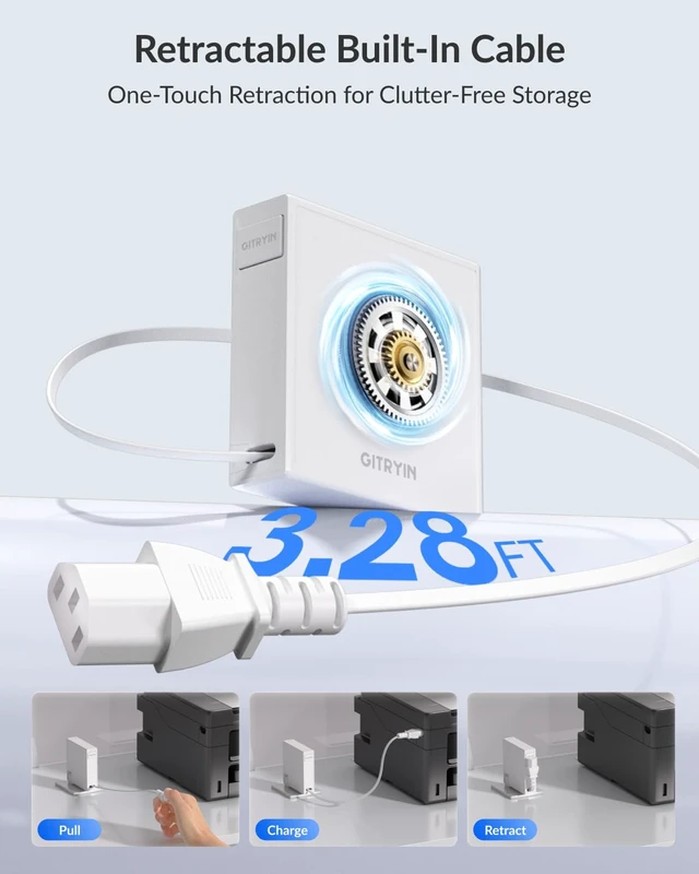 Alt view image 4 of 7 - Gitryin Retractable 3 Prong AC PC Power Cord with 39.37in Universal Cable | One-Touch Retractable Charging Cable, Reversible Plug, for Laptop, TV, Printer, Radio, Monitor, NEMA 5-15P to IEC C13, White