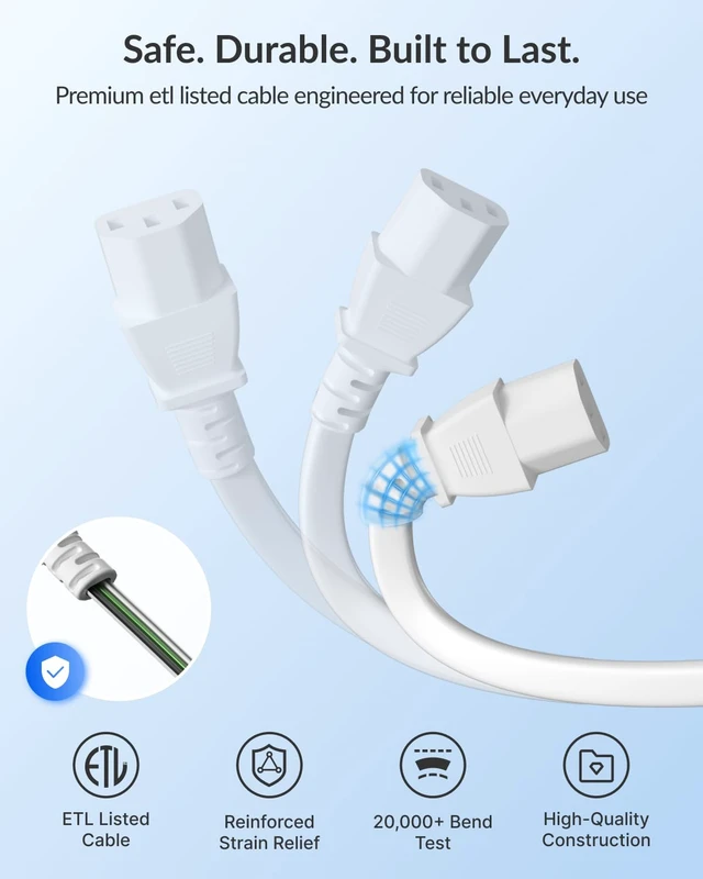 Alt view image 7 of 7 - Gitryin Retractable 3 Prong AC PC Power Cord with 39.37in Universal Cable | One-Touch Retractable Charging Cable, Reversible Plug, for Laptop, TV, Printer, Radio, Monitor, NEMA 5-15P to IEC C13, White