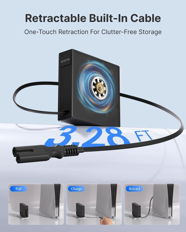 Alt view image 4 of 7 - Retractable 2 Prong AC C8 Power Cord with 39.37in Cable | One-Touch Retractable Charging Cable, Reversible Plug, IEC C7 Figure 8 for TV, PS5, PlayStation, Xbox, Printer, Black