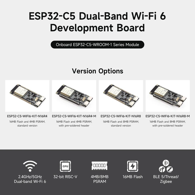 Alt view image 3 of 7 - ESP32-C5 Dual-Band Wi-Fi 6 Development Board, 240MHz RISC-V Processor, ESP32-C5-WROOM-1 Series Module, Multi-Protocol RISC-V MCU, 8MP PSRAM, with Pre-soldered Headers