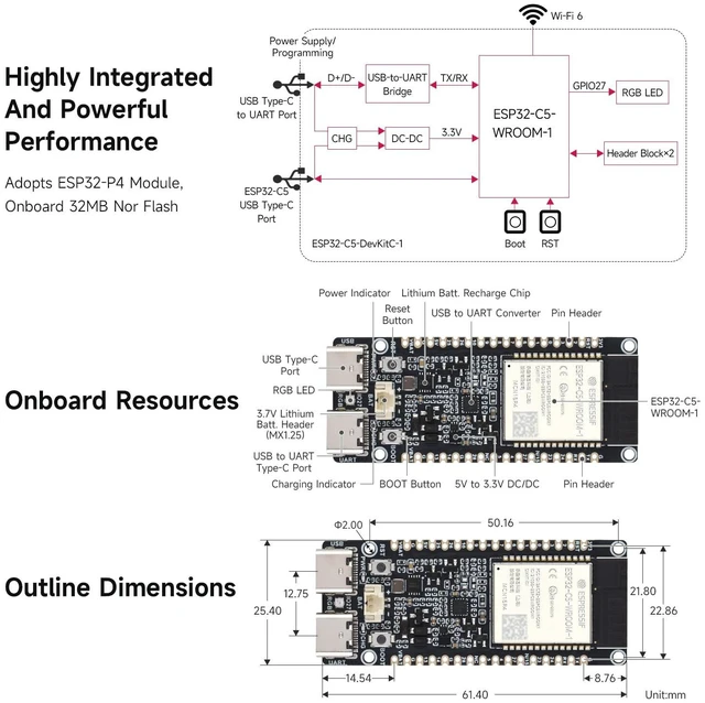 Alt view image 7 of 7 - ESP32-C5 Dual-Band Wi-Fi 6 Development Board, 240MHz RISC-V Processor, ESP32-C5-WROOM-1 Series Module, Multi-Protocol RISC-V MCU, 8MP PSRAM, with Pre-soldered Headers