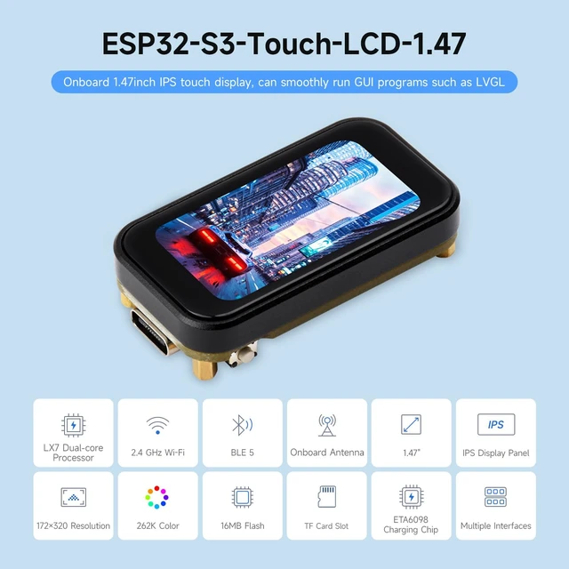 Alt view image 3 of 7 - ESP32-S3 1.47inch Touch Display Development Board, 172×320 Resolution, 262K Display Color, Supports 2.4GHz Wi-Fi/BLE 5, 240MHz LX7 Dual-core Processor