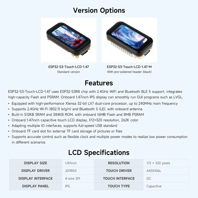 Alt view image 4 of 7 - ESP32-S3 1.47inch Touch Display Development Board, 172×320 Resolution, 262K Display Color, Supports 2.4GHz Wi-Fi/BLE 5, 240MHz LX7 Dual-core Processor