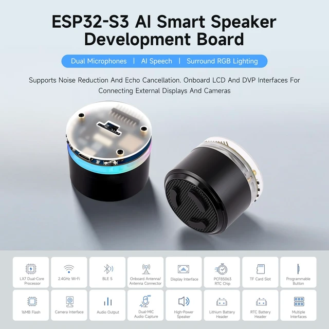 Alt view image 4 of 7 - ESP32-S3 AI Smart Speaker Development Board, Dual Microphones, Noise Reduction, RGB Lighting, External Display & Camera Support